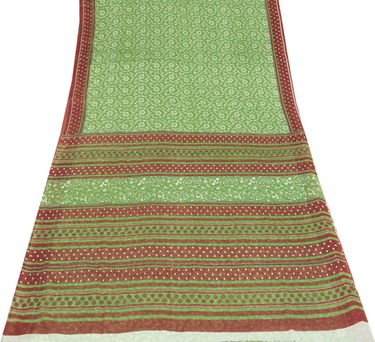 Sushila Vintage Indian Saree 100% Pure Cotton Floral Green Printed Craft Fabric