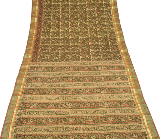 Sushila Vintage Floral Brown Saree Woven Border Pure Cotton Printed Soft Sari