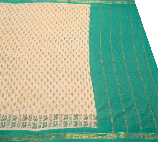 Sushila Vintage Beige Saree 100% Pure Cotton Woven & Printed Indian Craft Fabric
