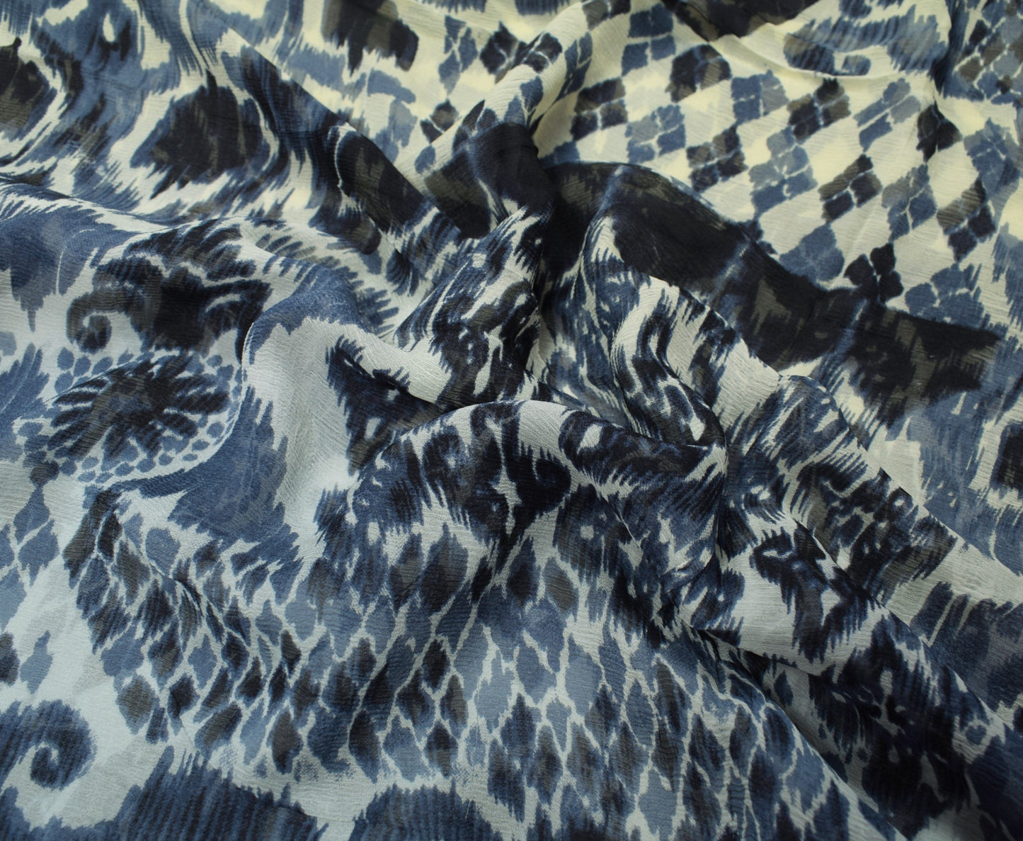 Sushila Vintage Gray Scrap Saree Pure Chiffon Printed Soft Sari Remnant Fabric