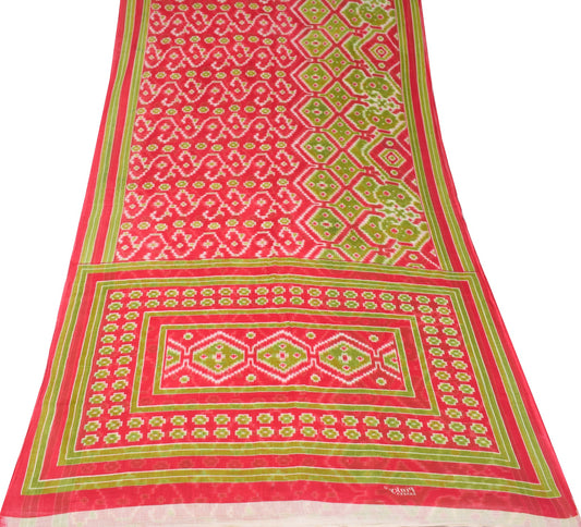 Sushila Vintage Red Green Saree Pure Cotton Printed Geometric Soft Craft Fabric