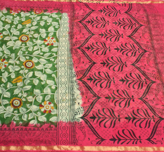 Sushila Vintage Green Saree Pure Cotton Hand Printed Kalamkari Soft Craft Fabric
