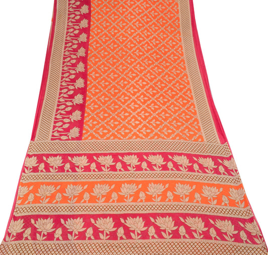 Sushila Vintage Floral Orange Saree 100% Pure Cotton Printed Soft Craft Fabric