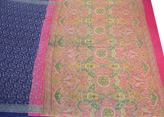 Sushila Vintage Paisley Printed Saree 100% Pure Cotton Blue Soft Craft Fabric