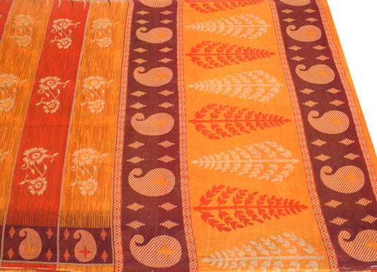 Sushila Vintage 100% Pure Cotton Saree Orange Floral Printed Soft Craft Fabric