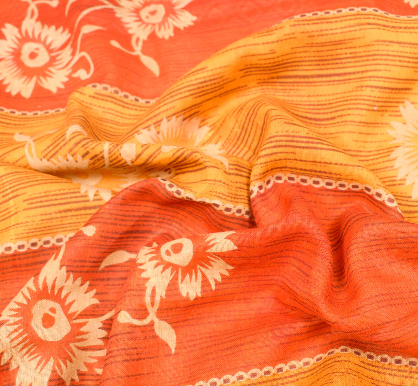 Sushila Vintage 100% Pure Cotton Saree Orange Floral Printed Soft Craft Fabric