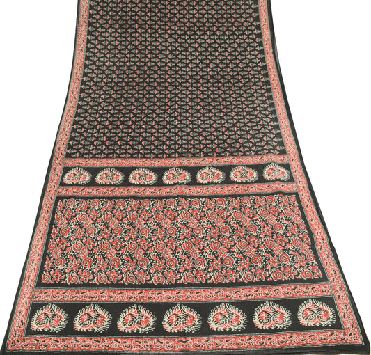 Sushila Vintage Floral Black Saree Pure Cotton Hand Block Printed Soft Fabric