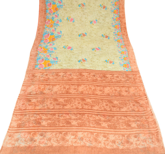 Sushila Vintage Floral Saree 100% Pure Cotton Printed Cream Indian Craft Fabric