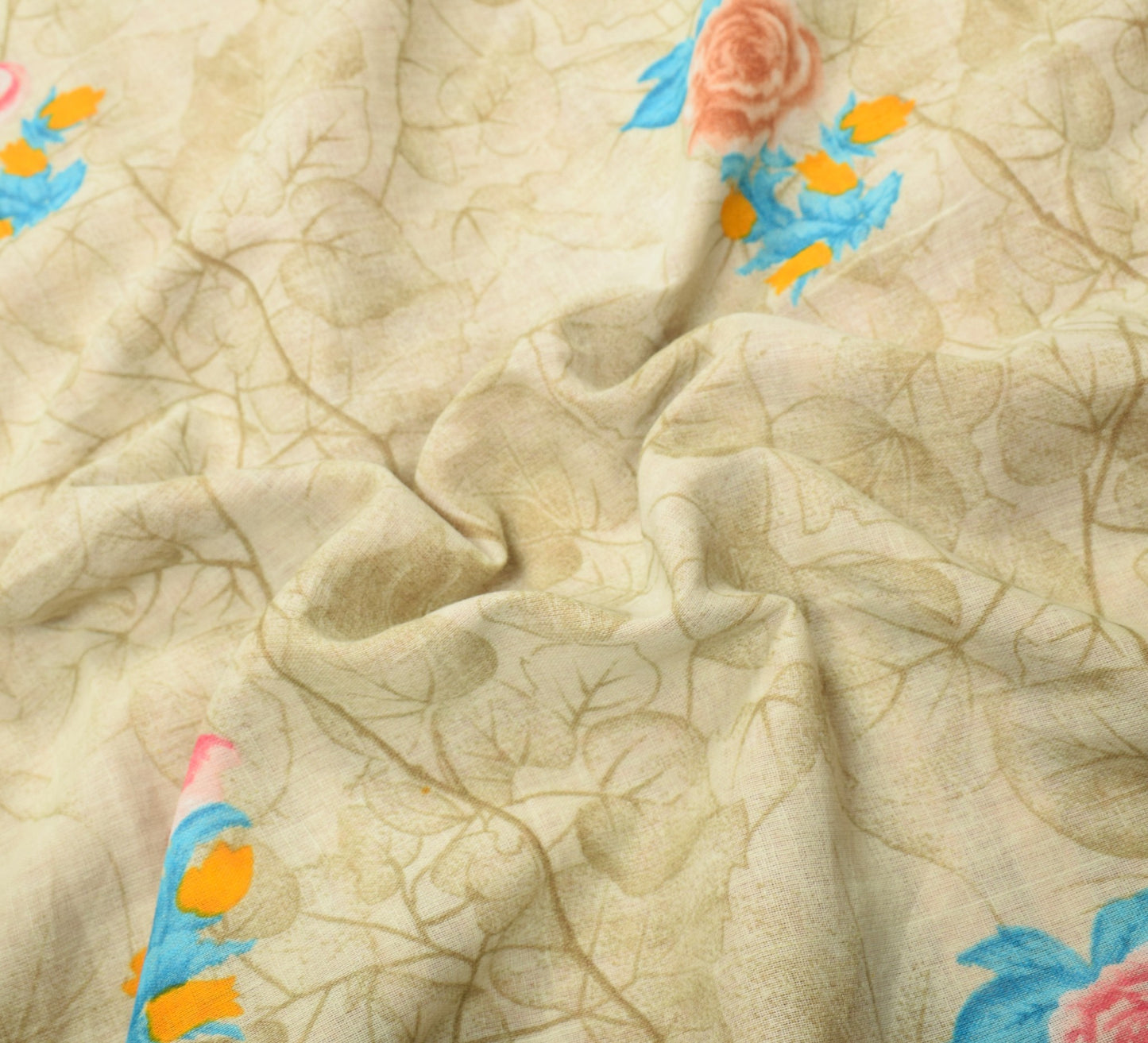 Sushila Vintage Floral Saree 100% Pure Cotton Printed Cream Indian Craft Fabric