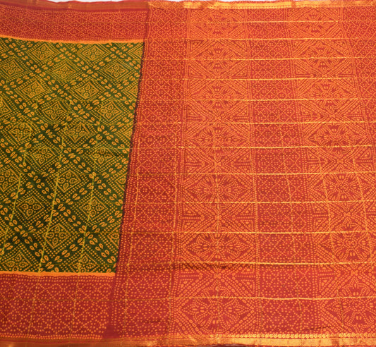 Sushila Vintage Bandhani Print Saree Pure Cotton Green Sari Soft 6 Yard Fabric