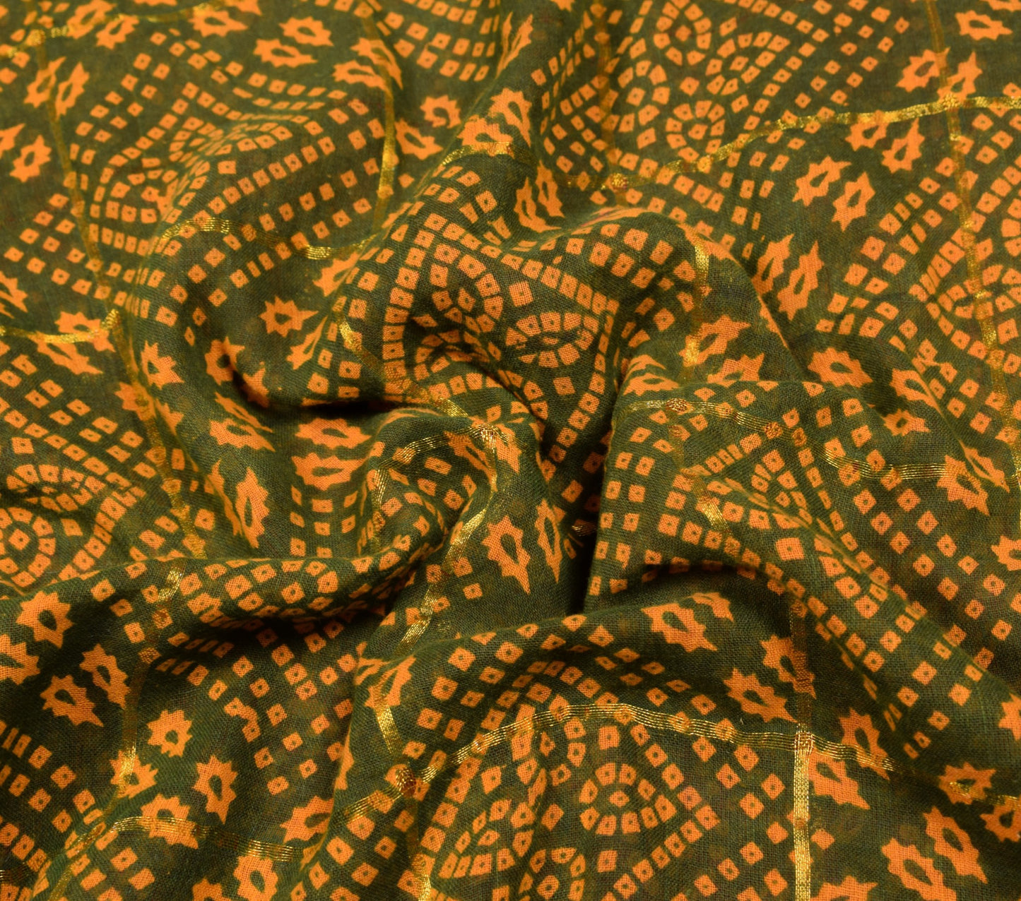 Sushila Vintage Bandhani Print Saree Pure Cotton Green Sari Soft 6 Yard Fabric