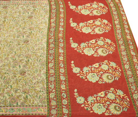 Sushila Vintage Cream Saree Floral 100% Pure Cotton Printed Soft Craft Fabric