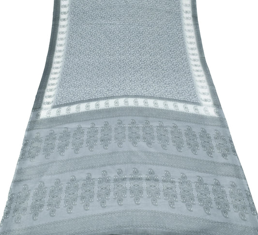 Sushila Vintage Gray Saree 100%Pure Cotton Floral & Paisley Printed Craft Fabric