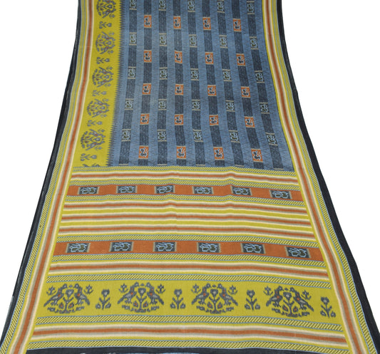 Sushila Vintage Grayish Blue Saree 100% Pure Cotton Printed Soft Craft Fabric