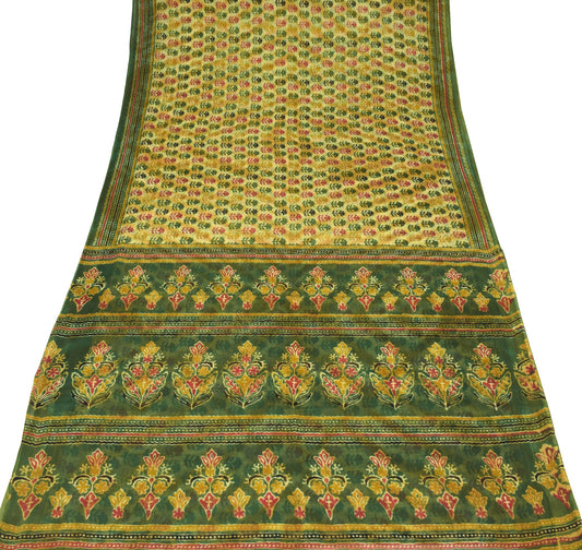 Sushila Vintage Cream Green Saree Pure Cotton Printed Floral Soft Craft Fabric