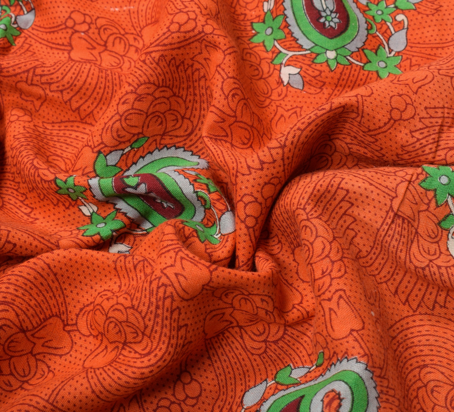 Sushila Vintage Orange Saree 100% Pure Cotton Soft Paisley Printed Craft Fabric