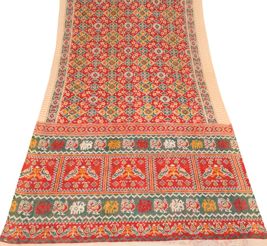 Sushila Vintage Patola Print Saree 100% Pure Cotton Red Sari Soft Craft Fabric