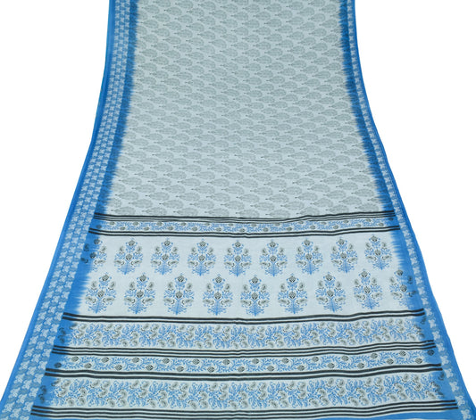Sushila Vintage Ice Blue Floral Printed Saree 100% Pure Cotton Soft Craft Fabric