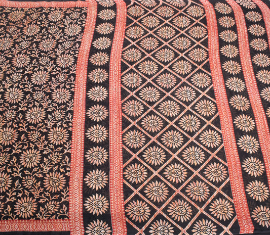 Sushila Vintage Floral Saree Black 100% Pure Cotton Printed Soft Craft Fabric
