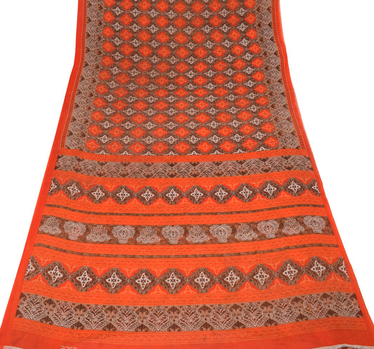 Sushila Vintage Orange Brown Saree 100% Pure Cotton Printed Soft Craft Fabric