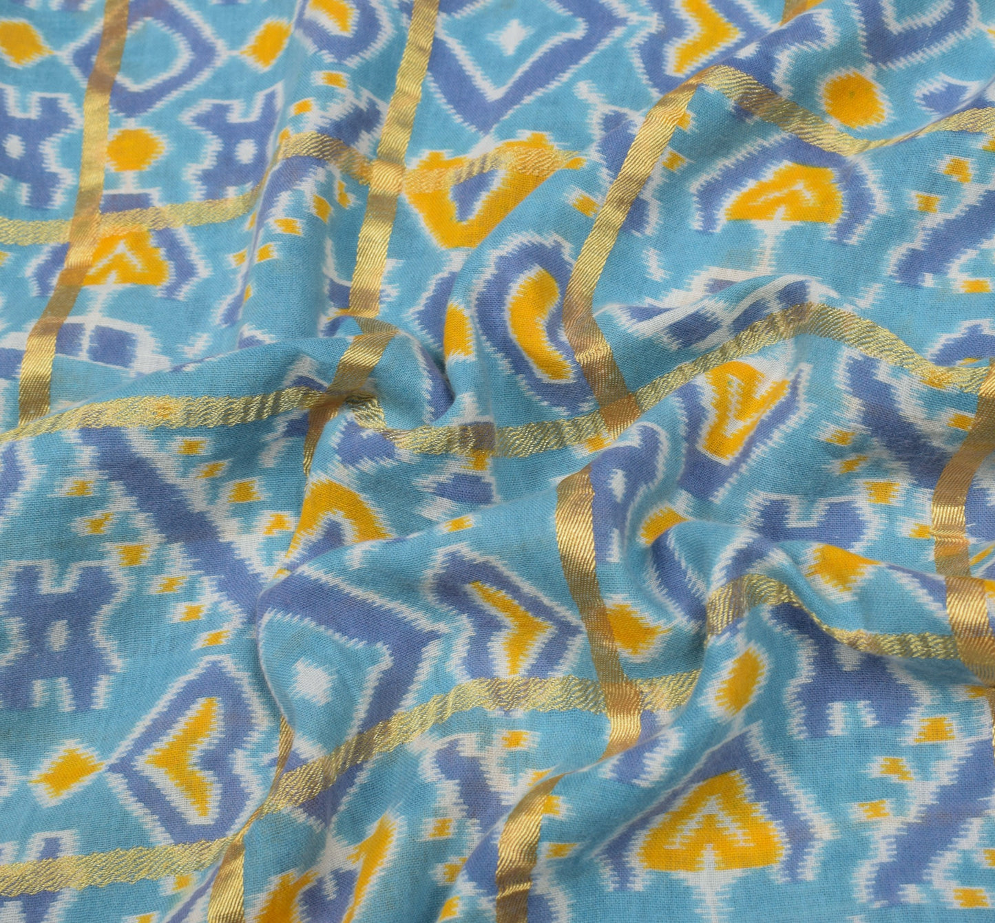 Sushila Vintage Ikat Print Saree Zari Stripes Pure Cotton Aqua Blue Soft Fabric