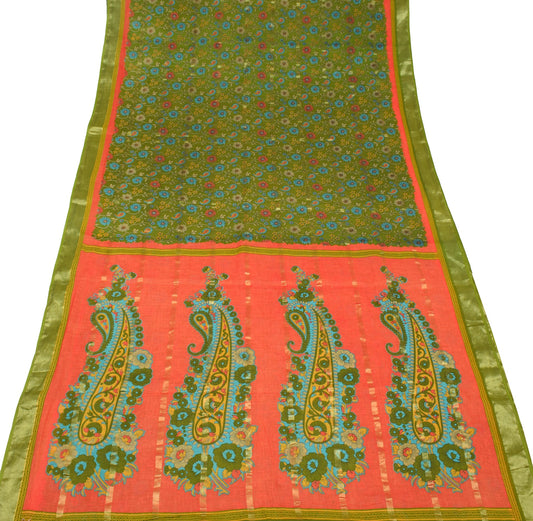 Sushila Vintage Green Orange Floral Saree 100% Pure Cotton Printed Craft Fabric