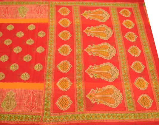 Sushila Vintage Floral Red Saree 100% Pure Cotton Printed Indian Craft Fabric