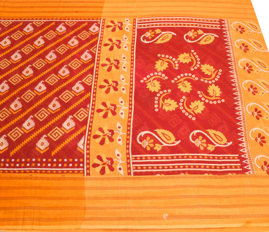 Sushila Vintage Red Orange Saree 100% Pure Cotton Printed Sari Soft Craft Fabric