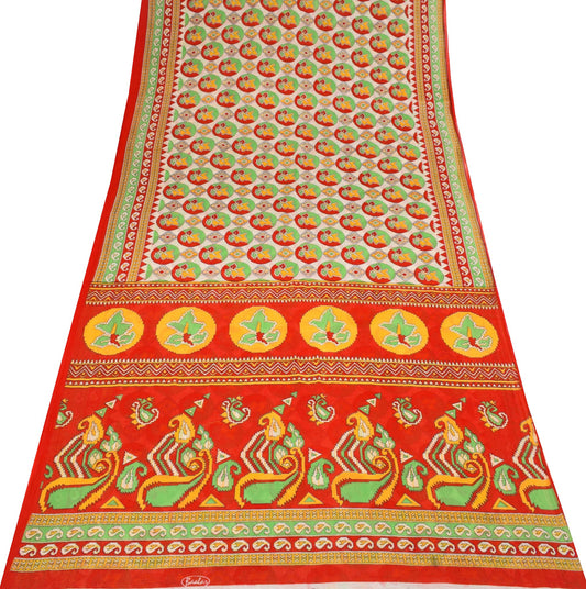 Sushila Vintage White Saree 100% Pure Cotton Printed Geometric Soft Craft Fabric