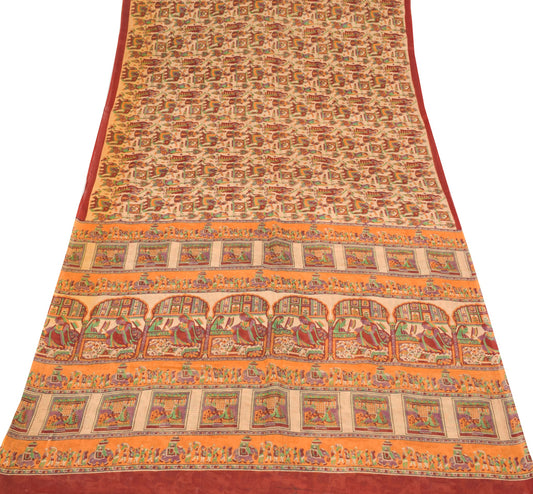 Sushila Vintage Beige Saree 100% Pure Cotton Figure Printed Indian Craft Fabric