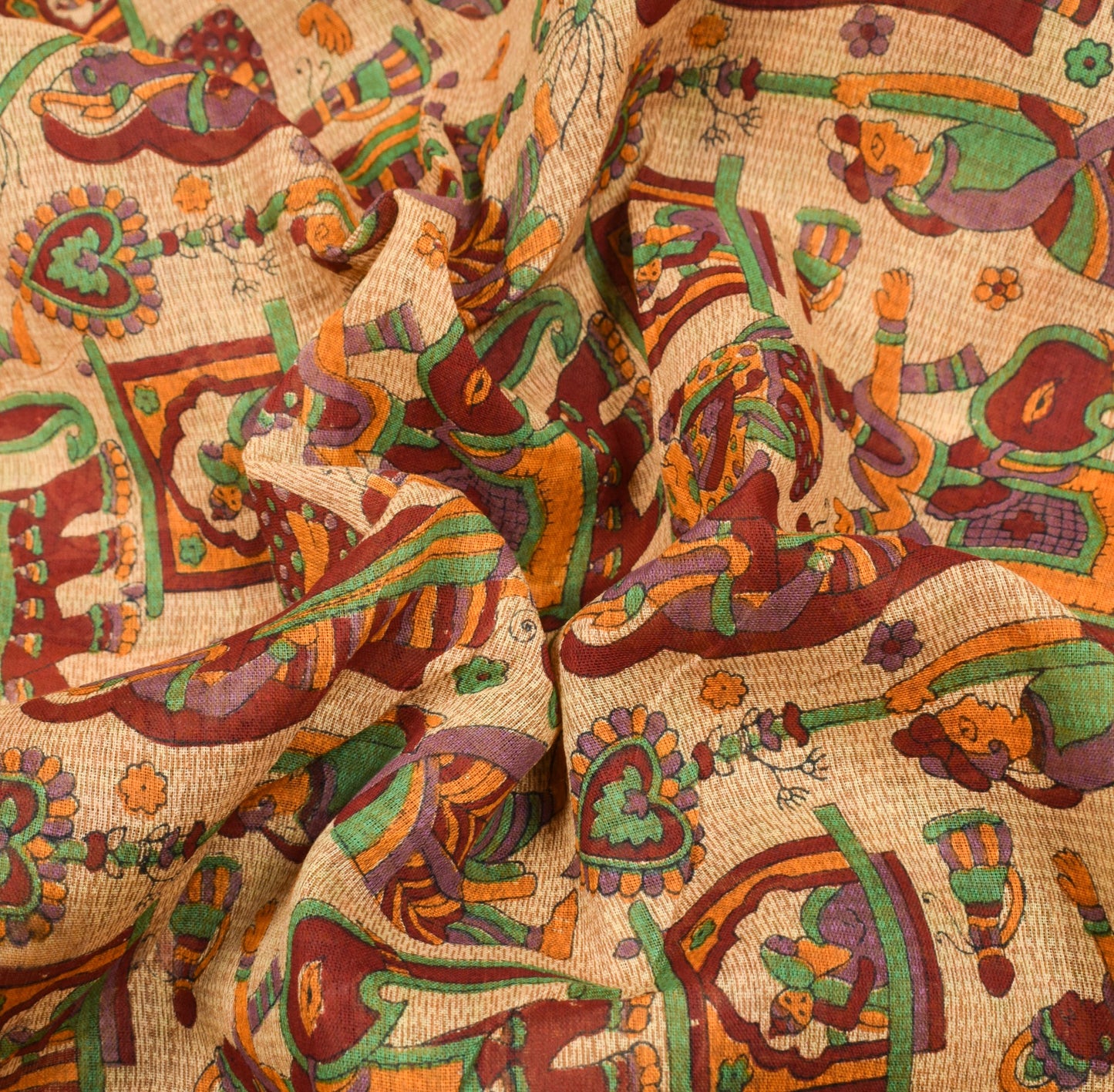 Sushila Vintage Beige Saree 100% Pure Cotton Figure Printed Indian Craft Fabric