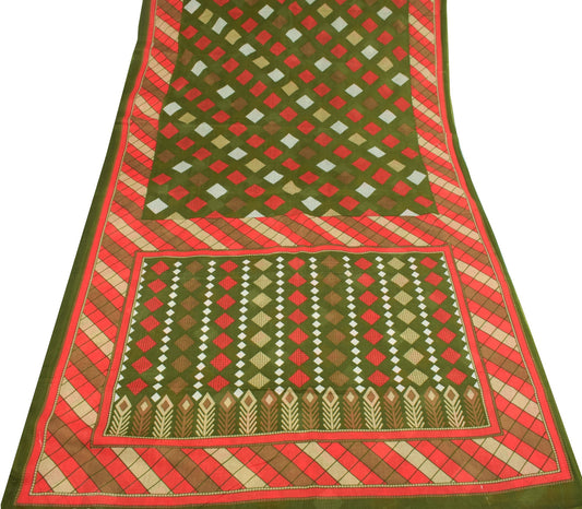 Sushila Vintage Green Geometric Saree 100% Pure Cotton Sari Printed Craft Fabric