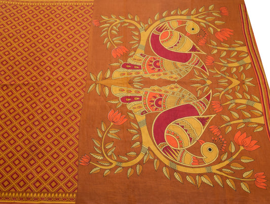 Sushila Vintage Brown Saree Pure Cotton Silk Printed Geometric Soft Craft Fabric