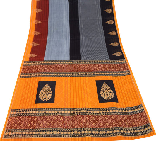 Sushila Vintage Gray Stripes Saree 100% Pure Cotton Printed Indian Craft Fabric