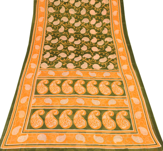 Sushila Vintage 100% Pure Cotton Saree Printed Paisley Green Soft Craft Fabric