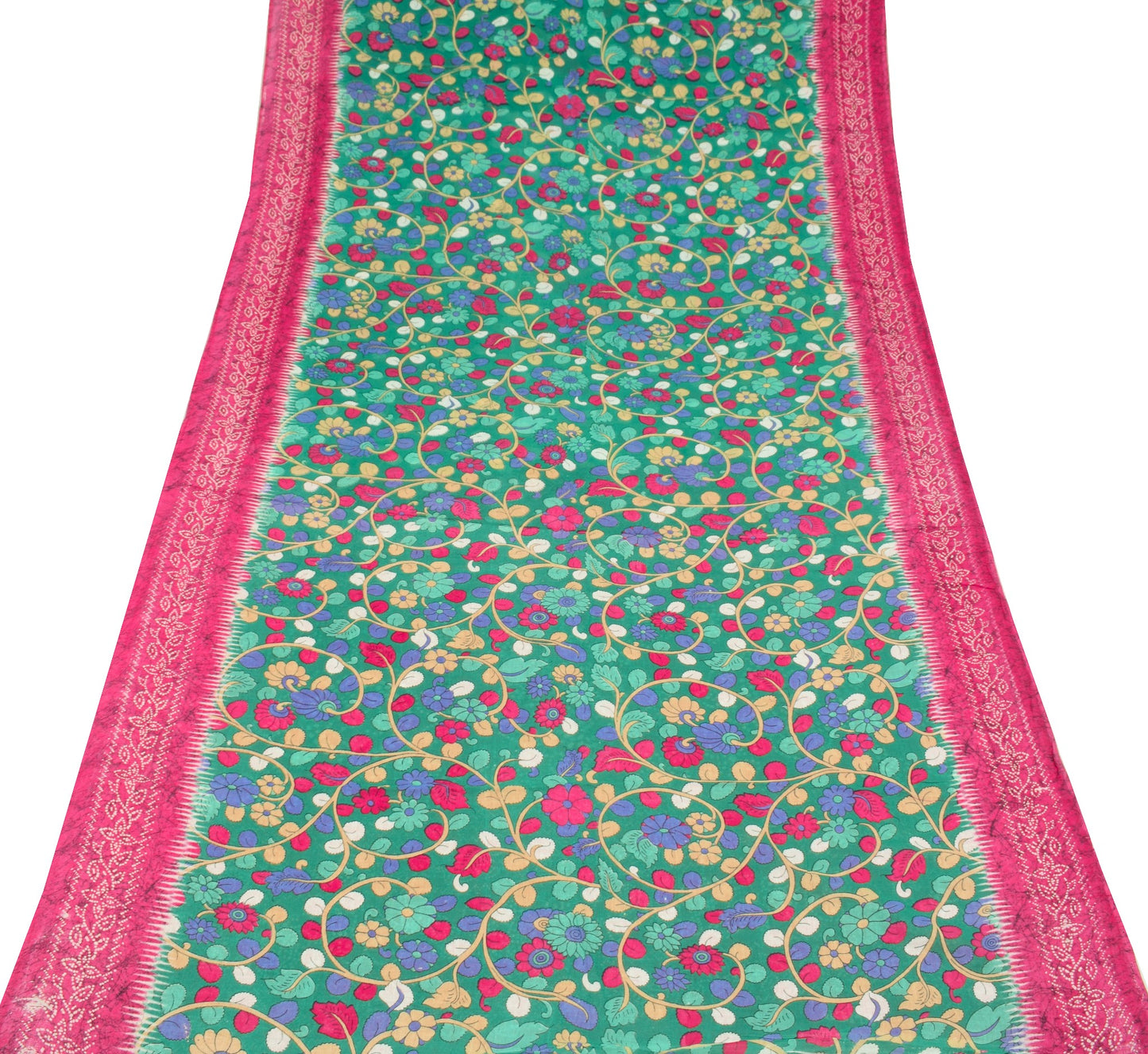 Sushila Vintage Green Kalamkari Saree Pure Cotton Handprinted Soft Floral Fabric
