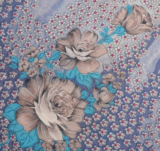Sushila Vintage Greyish Blue Saree Floral Pure Cotton Printed Sari Craft Fabric