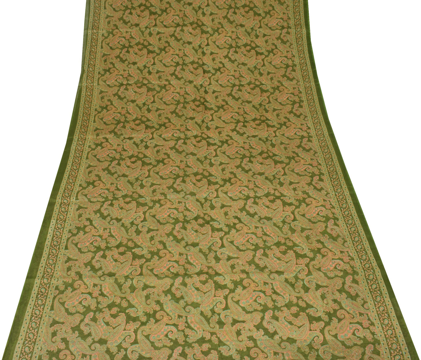 Sushila Vintage Green Saree 100% Pure Cotton Printed Paisley Sari Craft Fabric