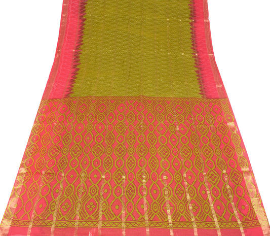 Sushila Vintage Floral Green Saree 100% Pure Cotton Printed Indian Craft Fabric