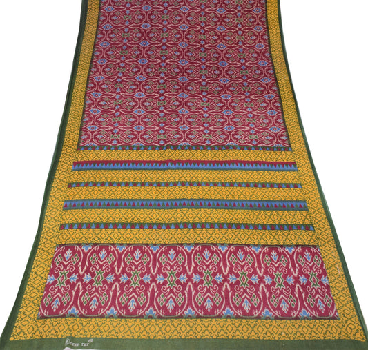 Sushila Vintage Dark Magenta Saree Pure Cotton Ikat Print Sari Soft Craft Fabric
