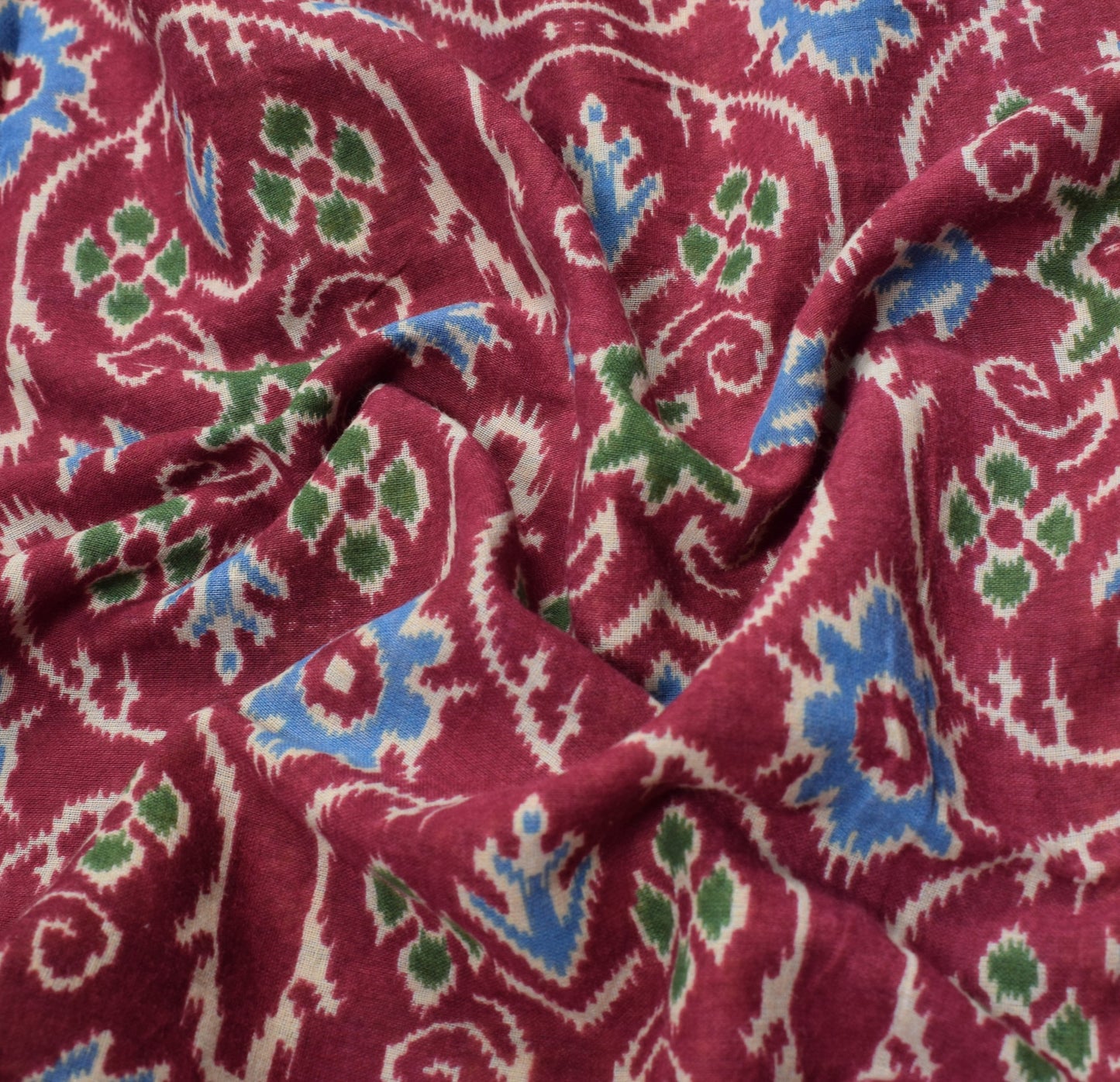 Sushila Vintage Dark Magenta Saree Pure Cotton Ikat Print Sari Soft Craft Fabric