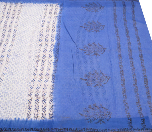 Sushila Vintage Hand Block Print Saree Pure Cotton White Floral Bird CraftFabric