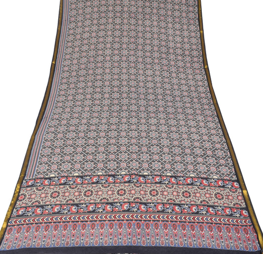 Sushila Vintage Black Saree Pure Cotton Ajrakh Hand Block Print Sari Soft Fabric