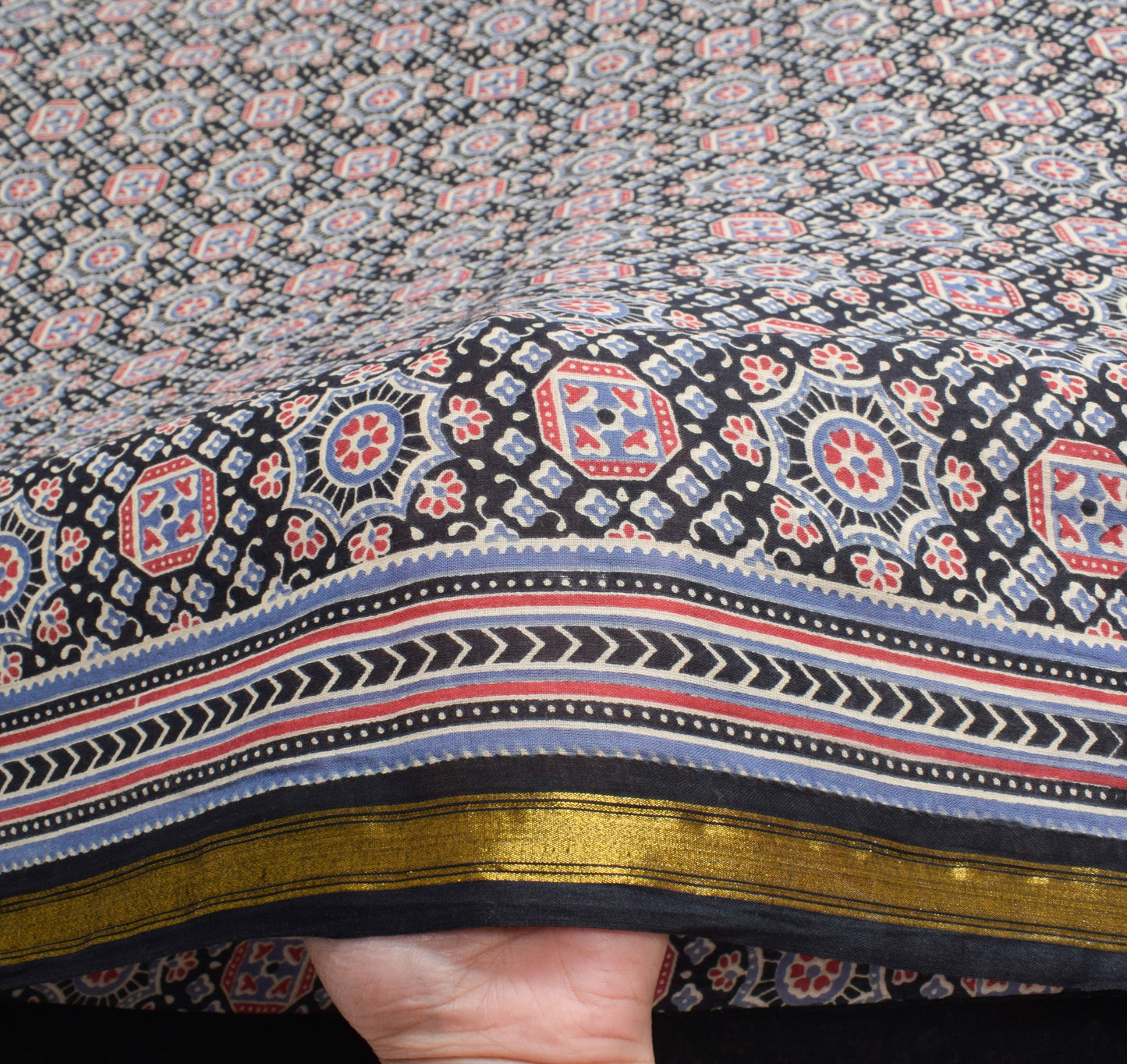 Sushila Vintage Black Saree Pure Cotton Ajrakh Hand Block Print Sari Soft Fabric