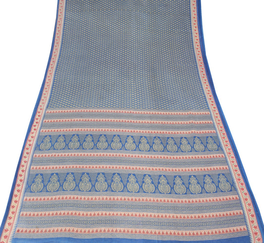 Sushila Vintage Paisley Blue Saree 100% Pure Cotton Printed Soft Craft Fabric