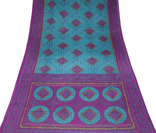 Sushila Vintage Teal Blue Saree 100% Pure Cotton Printed Bandhani Craft Fabric