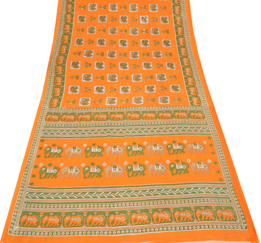 Sushila Vintage Orange Saree Pure Cotton Printed Birds&Animals Sari Soft Fabric