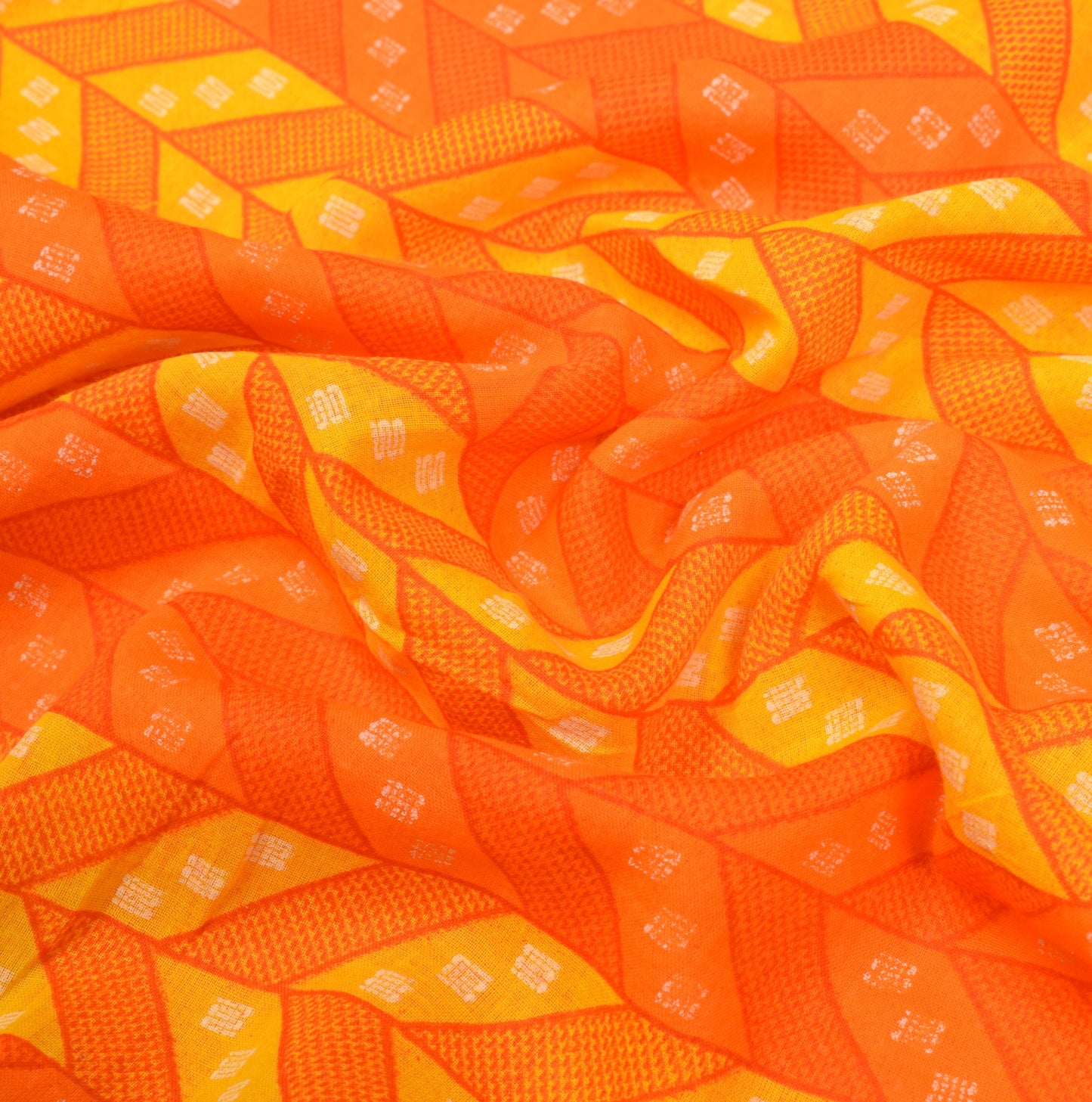 Sushila Vintage Yellow Orange Saree PureCotton Geometric Print Soft Craft Fabric