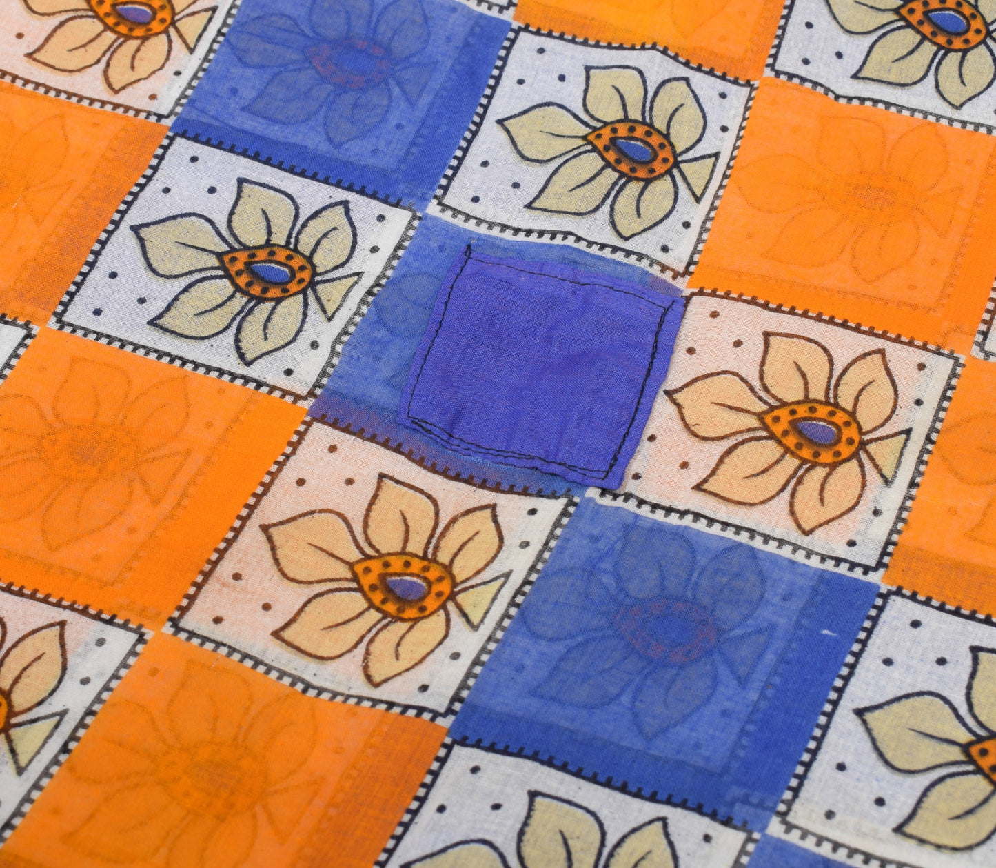 Sushila Vintage Blue Orange Saree 100% Pure Cotton Printed Soft Craft Fabric