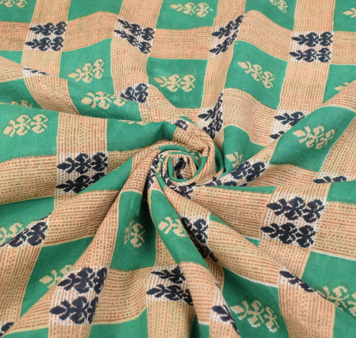 Sushila Vintage Aqua Green & Brown Saree Pure Cotton Printed Soft Craft Fabric